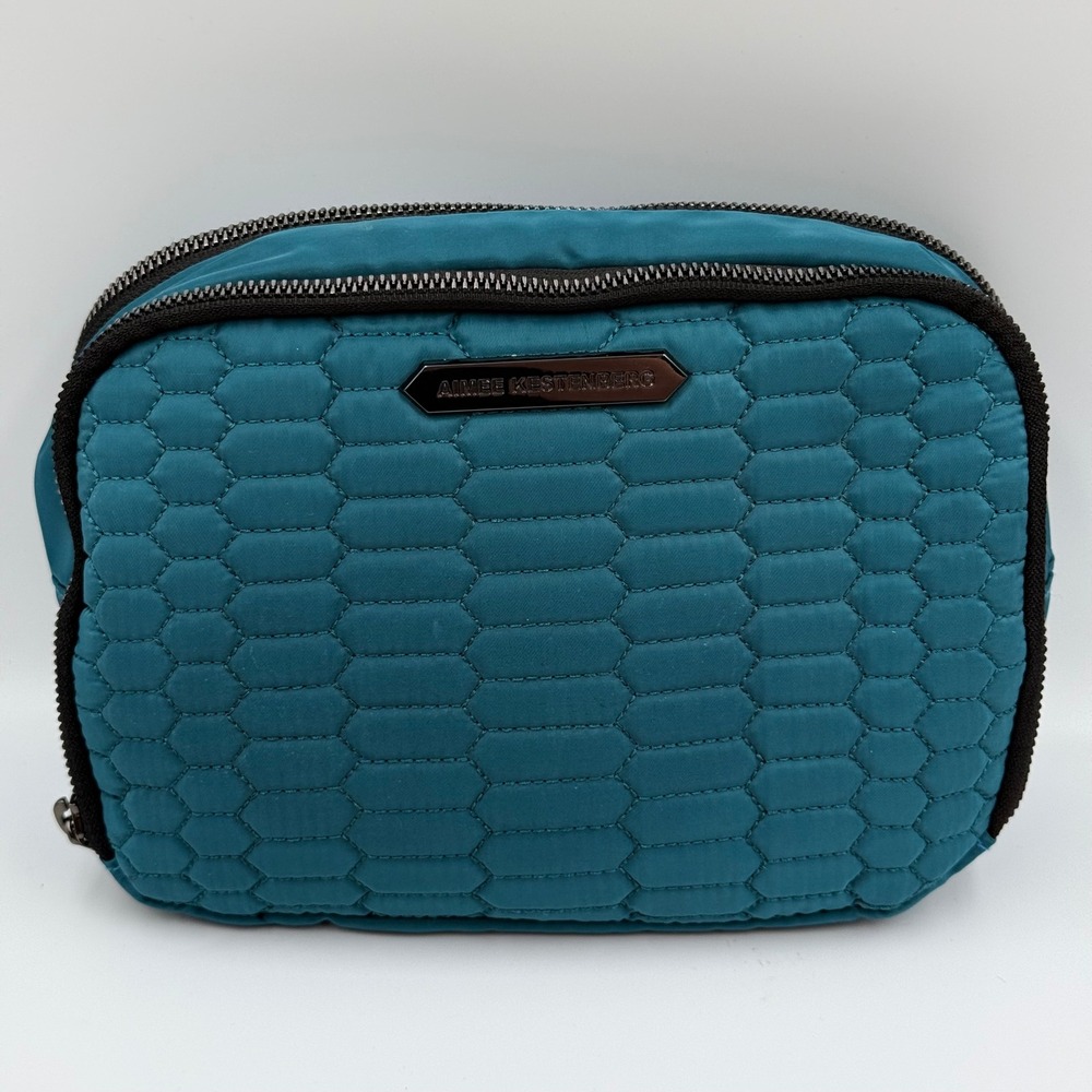 Aimee Kestenberg Teal Blue Quilted Honeycomb Double Zip Cosmetic Travel Bag